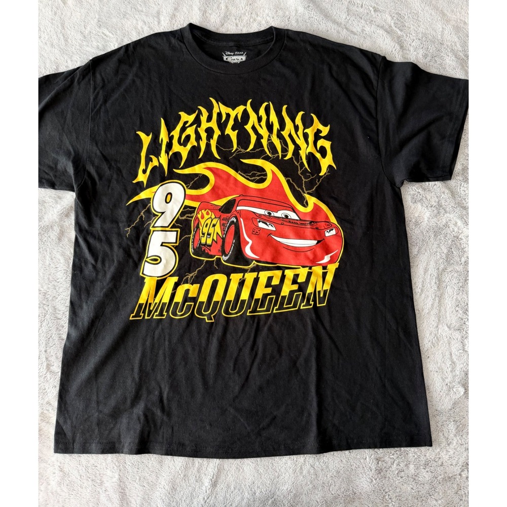 NWOT Disney Pixar Cars Lightning McQueen Mens Blk Graphic Tee Heavy Metal Style